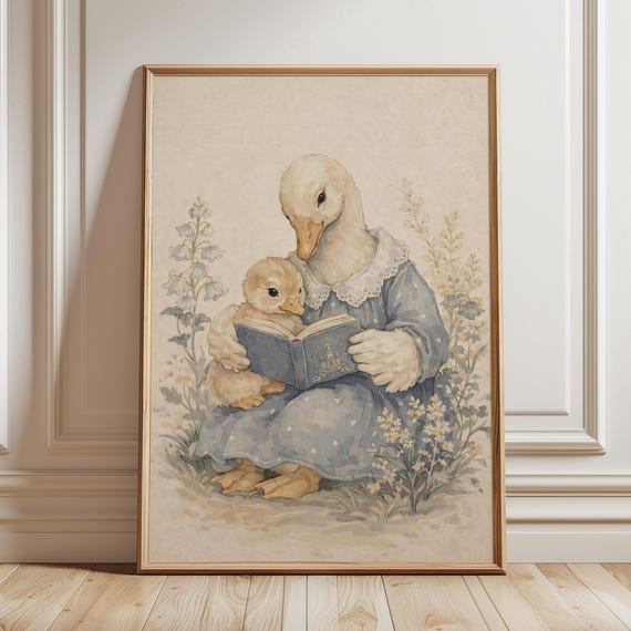Goose Mother Reading To Gosling Print Vintage Storybook Duck Nursery Wall Art Cottagecore Shabby Chic Kids Room Decor Woodland Baby Gift