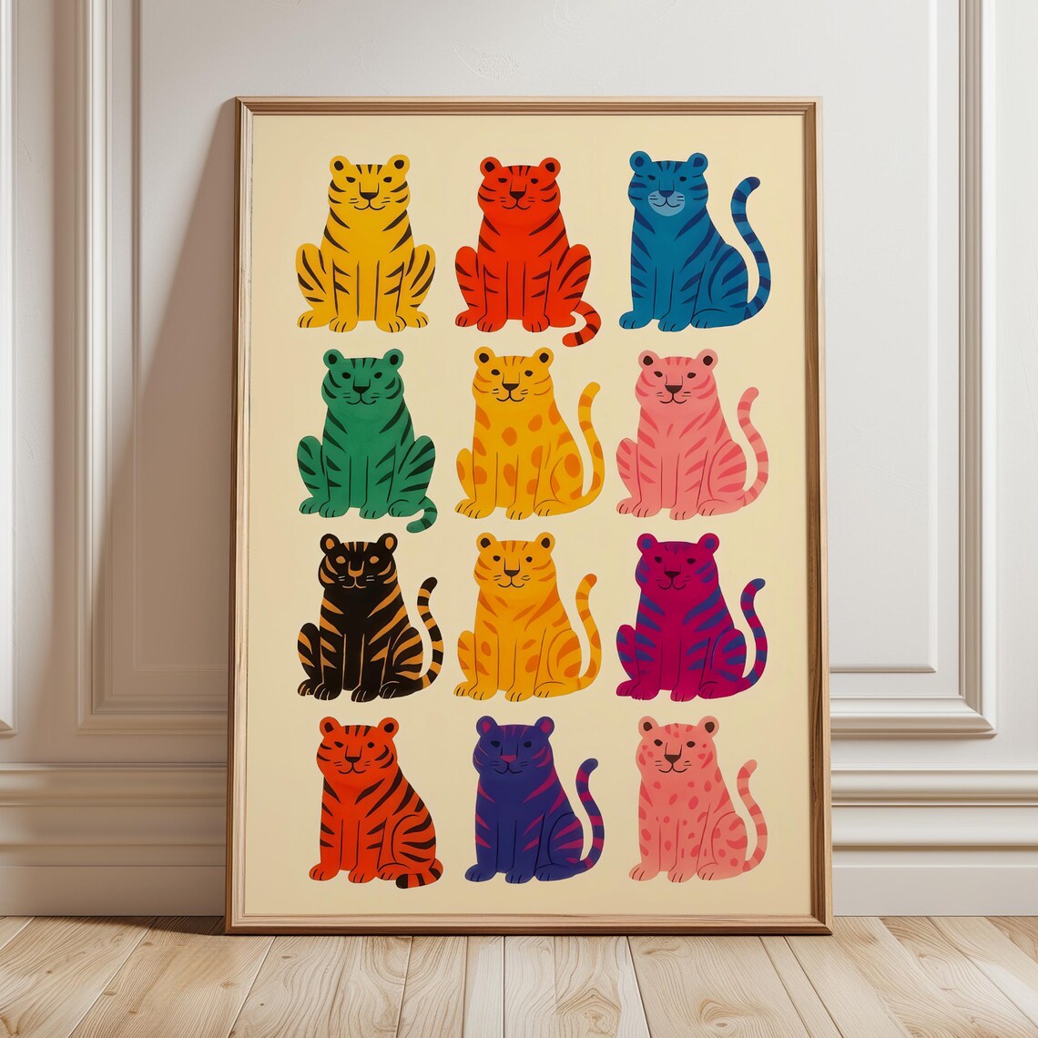 Twelve Colorful Cartoon Tigers Grid Rainbow Nursery Kids Poster