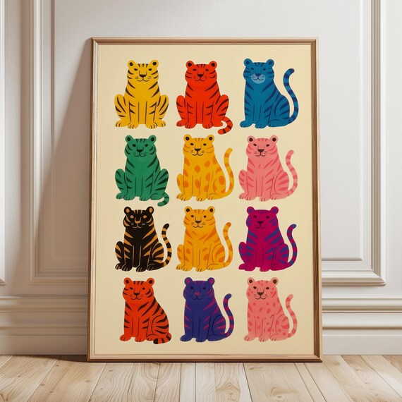 Twelve Colorful Cartoon Tigers Grid Rainbow Nursery Kids Poster