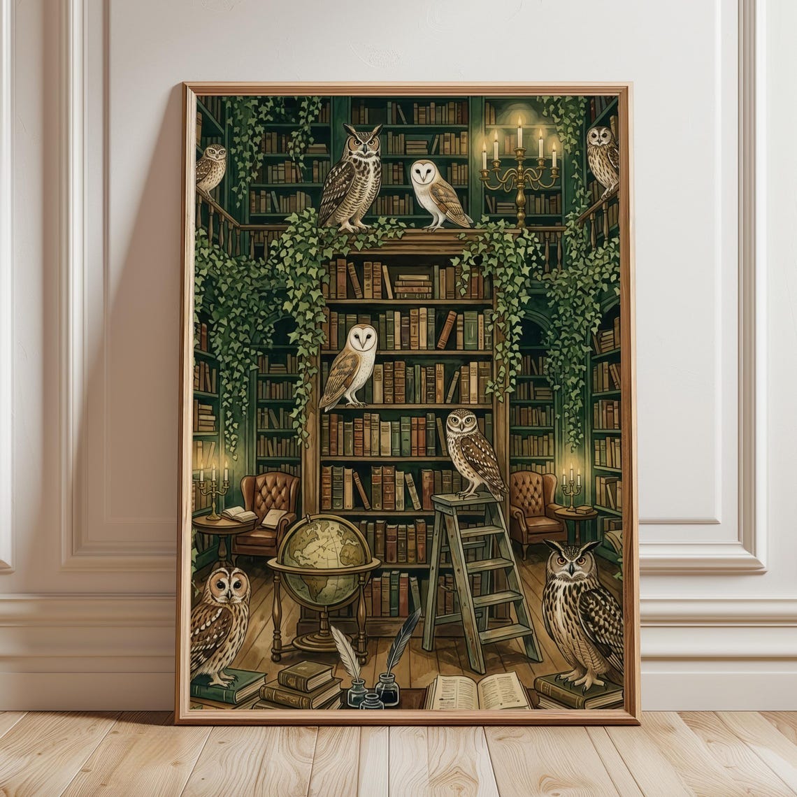 Owls in a Candlelit Library Dark Academia Maximalist Book Poster