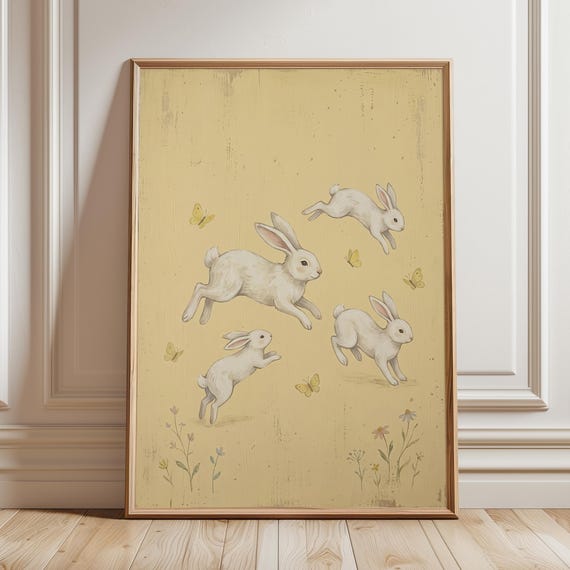 Vintage Bunny Nursery Art Print Cottagecore Woodland Rabbit Illustration Whimsical Storybook Bunnies Kids Room Decor Digital Download