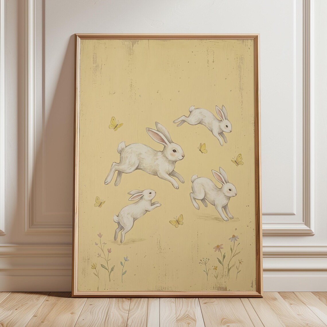 Four Playful White Bunnies Butterflies Yellow Nursery Poster