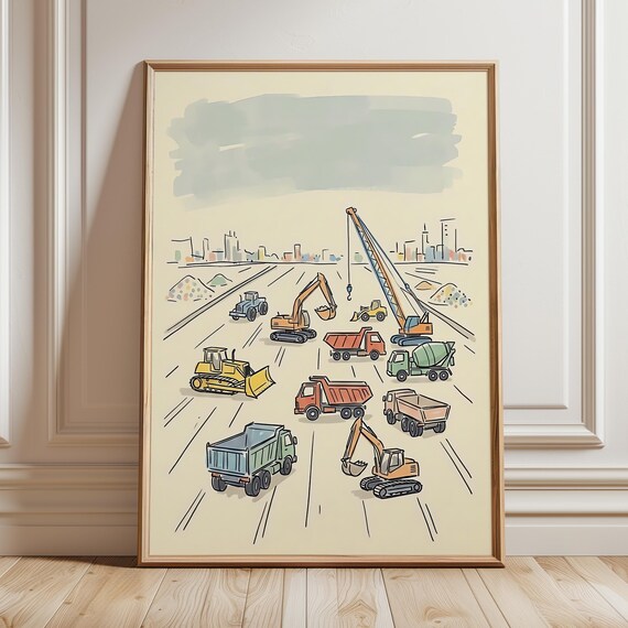 Construction Trucks Excavator Minimal Kids Room Nursery Poster
