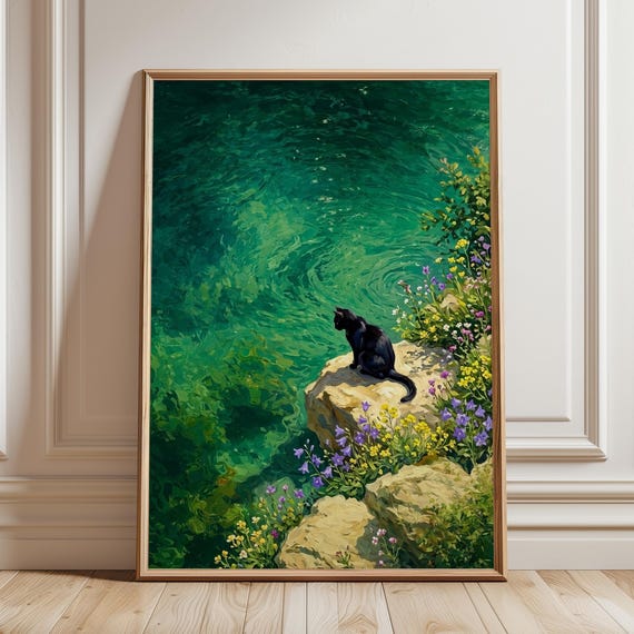 Black Cat By Emerald Water Print Vintage Coastal Wall Art Green Abstract Nature Painting Minimalist Summer Decor Serene Ocean Poster