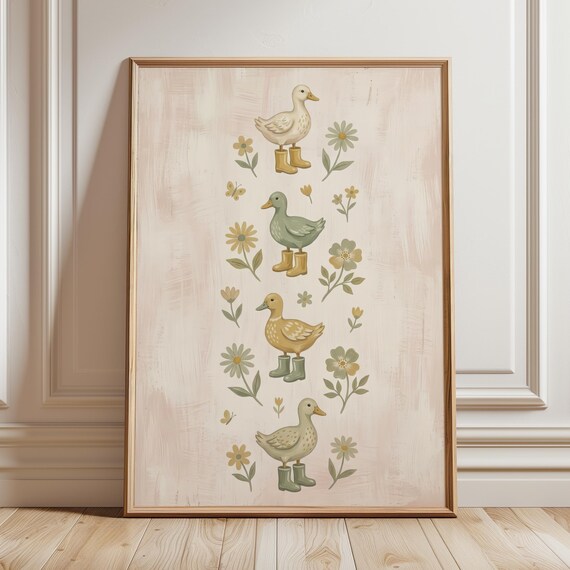 Cute Vintage Ducks In Rain Boots Floral Storybook Art Poster