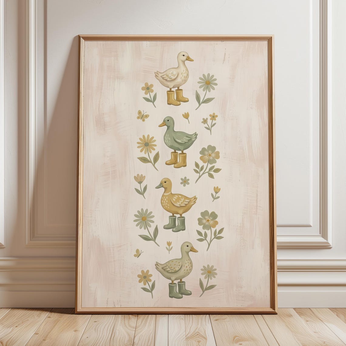 Cute Vintage Ducks In Rain Boots Floral Storybook Art Poster