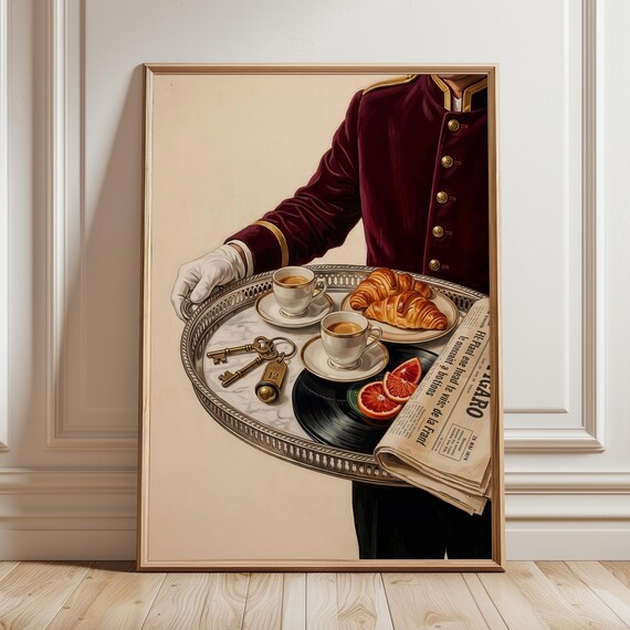 Vintage Hotel Bellboy Breakfast Tray Croissants Coffee Retro Art Poster