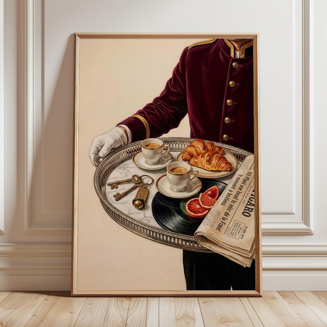 Vintage Hotel Bellboy Breakfast Tray Croissants Coffee Retro Art Poster