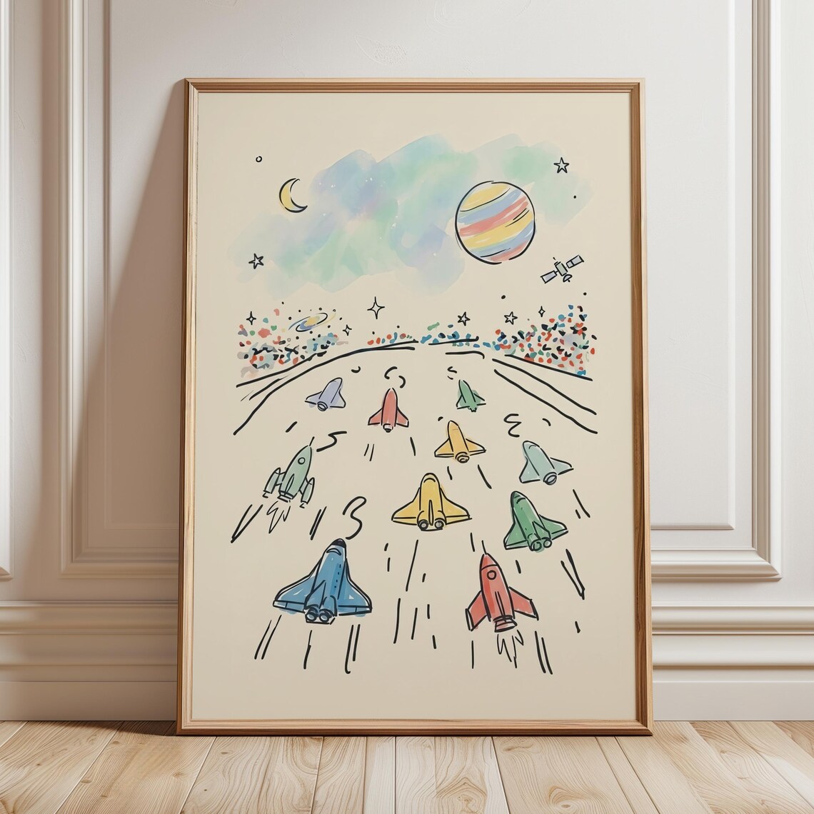 Colorful Rocket Ship Space Race Kids Room Watercolor Nursery Wall Poster