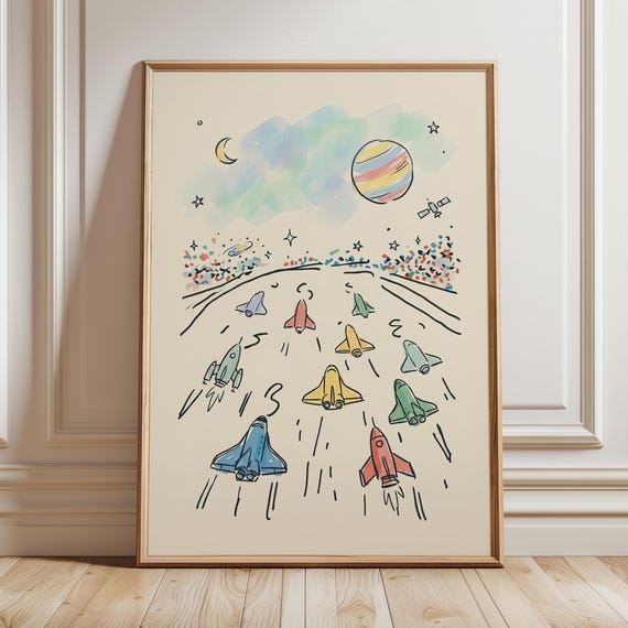 Minimalist Space Nursery Wall Art Scandinavian Galaxy Print For Kids Room Neutral Rocket Ship Poster Astronaut Boy Gift Digital Download
