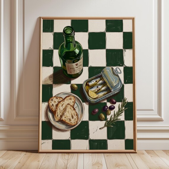 Sardines Wine Bread Olives Checkered Still Life Kitchen Poster