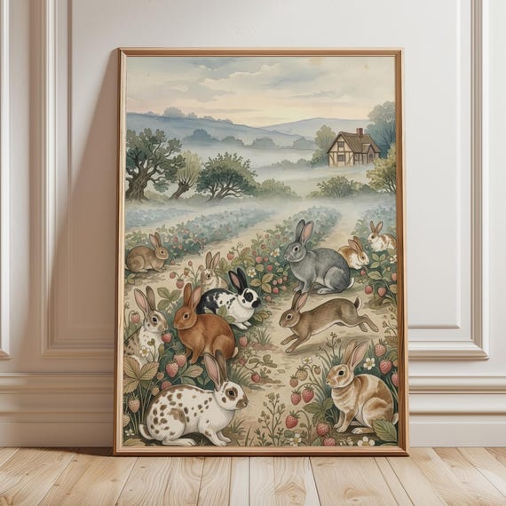 Strawberry Rabbits Cottagecore Nursery Decor Folk Art Bunny Print Woodland Animal Illustration Spring Farmhouse English Country Poster