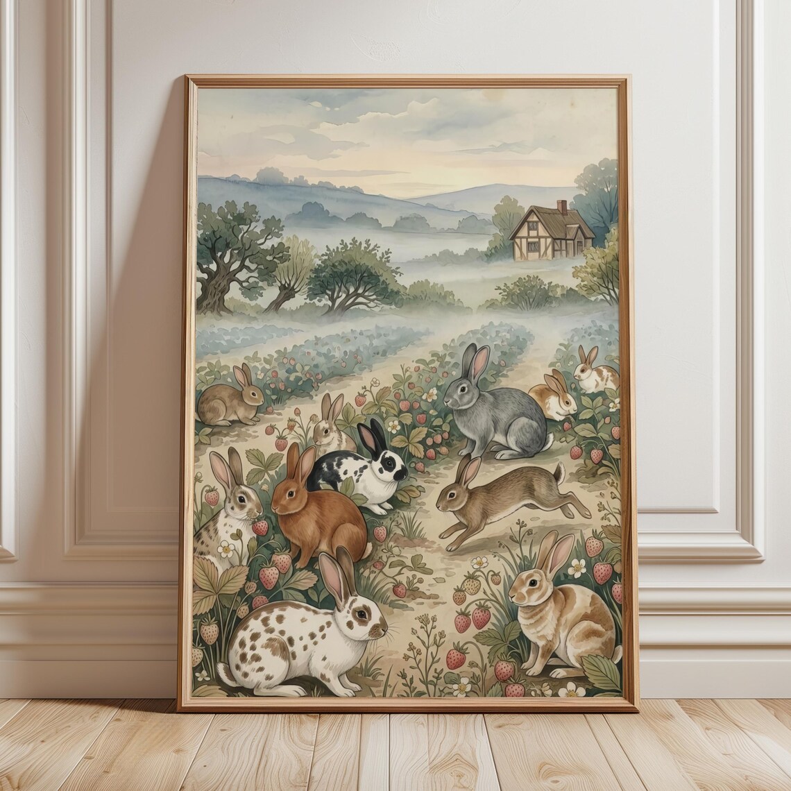 Strawberry Rabbits Cottagecore Nursery Decor Folk Art Bunny Print Woodland Animal Illustration Spring Farmhouse English Country Poster