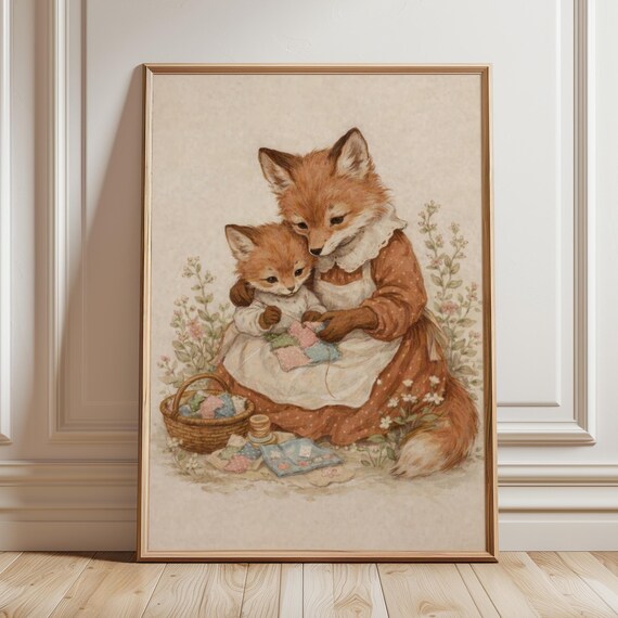 Fox Mother And Baby Quilting Print Soft Cottagecore Nursery Woodland Decor