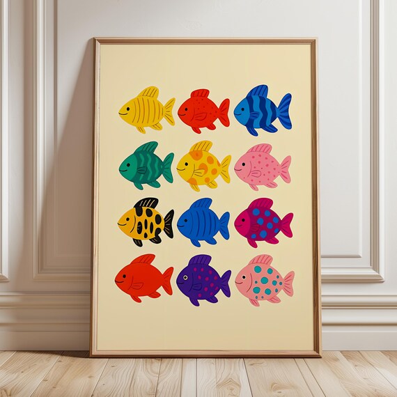 Twelve Colorful Cartoon Fish Grid Playful Underwater Friends Poster