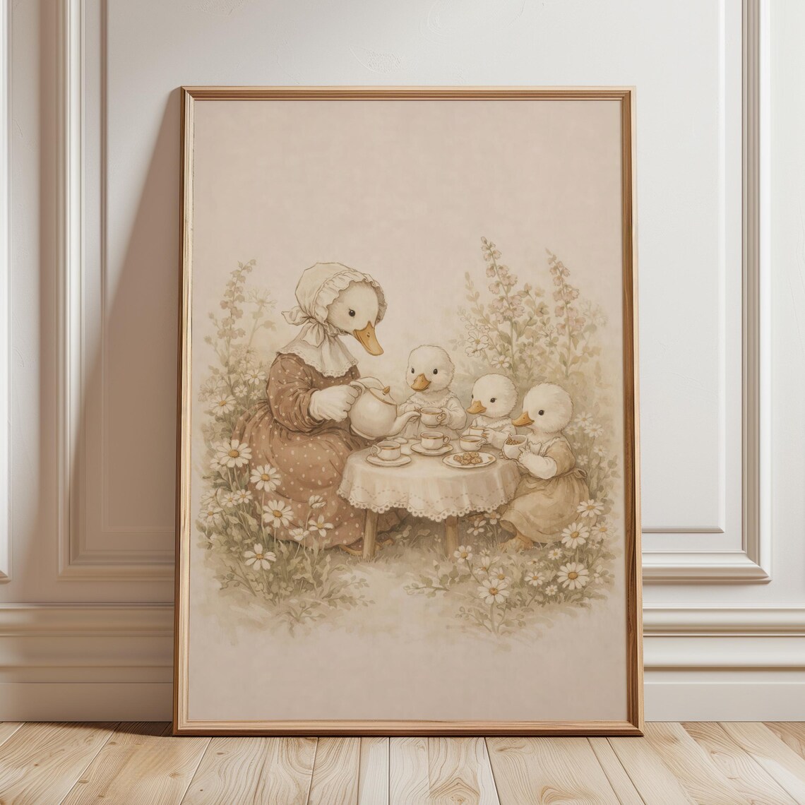 Duck Mother And Ducklings Tea Party Nursery Print Cottagecore Decor Gift