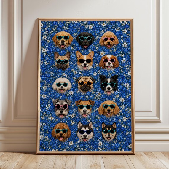 Fifteen Dogs Sunglasses Poster Funny Floral Puppy Pop Art Wall Decor