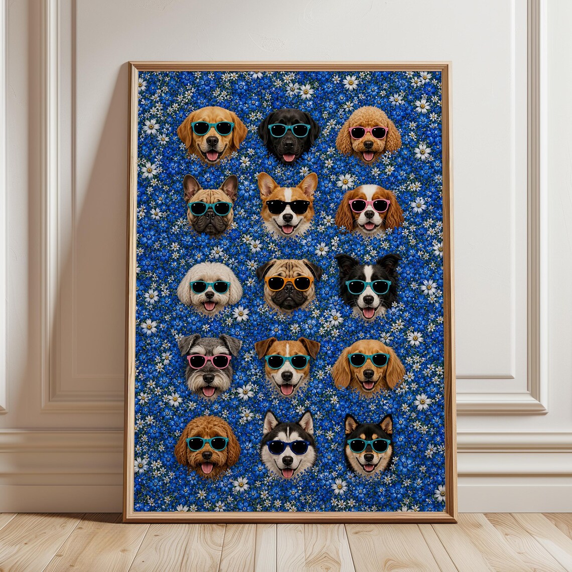 Fifteen Dogs Sunglasses Poster Funny Floral Puppy Pop Art Wall Decor