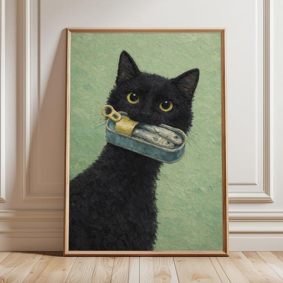 Black Cat Sardine Kitchen Wall Art Print Whimsical Cottagecore Poster Funny Printable Decor For Mom Digital Download