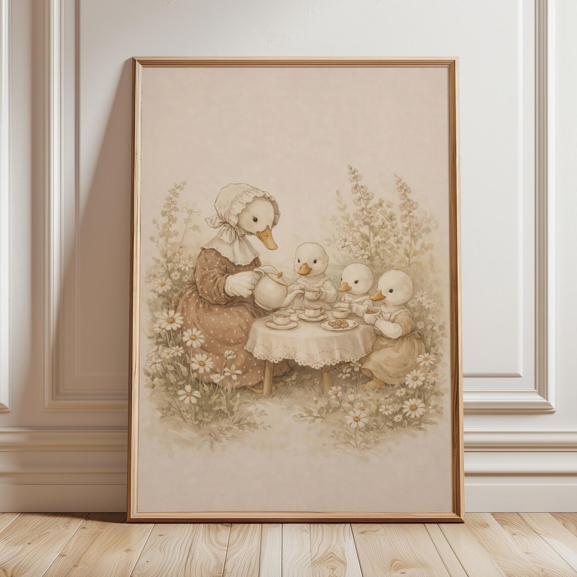 Printable Duck Nursery Wall Art Vintage Cottagecore Animal Poster Soft Woodland Family Illustration Kids Room Decor Digital Download