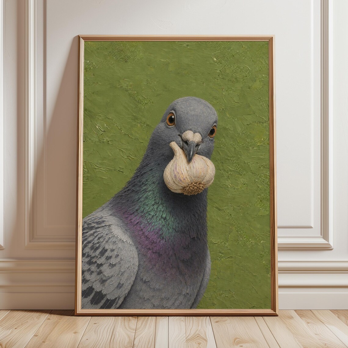 Pigeon Holding Garlic Bulb Quirky Green Funny Bird Portrait Art Poster