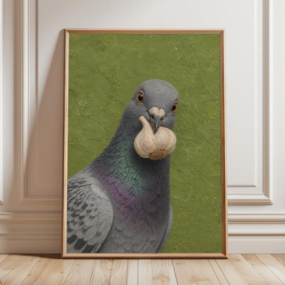 Pigeon With Garlic Painting Print Funny Cottagecore Bird Kitchen Wall Art Chef Or Cooking Moms Gift Whimsical Humorous Farmhouse Poster