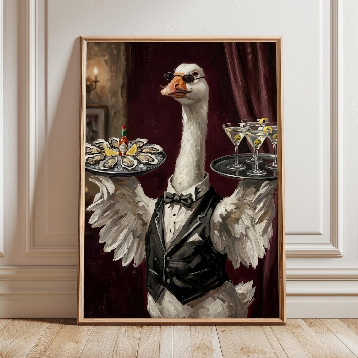 Goose Butler in Tuxedo Serving Martinis and Oysters Humorous Poster