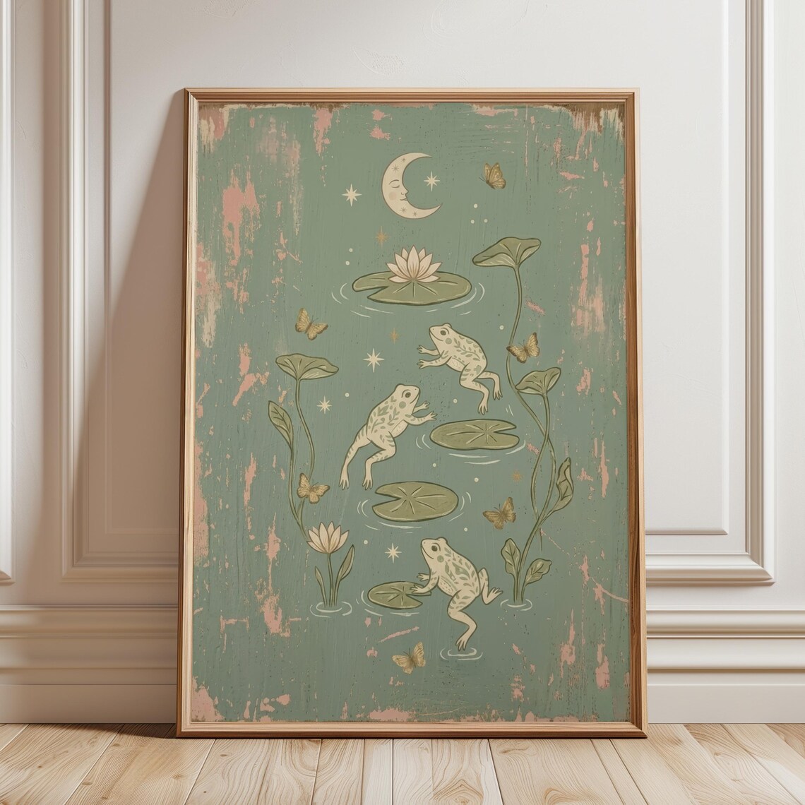 Vintage Folk Art Frogs Leaping Lily Pads Crescent Moon Poster