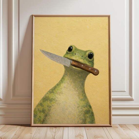 Whimsical Frog With Knife Print Dark Cottagecore Animal Wall Art Funny Moody Bar Cart Decor Surreal Humor Toad Illustration Poster