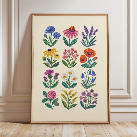 Wildflower Field Guide Poster Kitch Botanical Specimen Print Folk Art Floral Colorful Cottagecore Flower Chart Decor Digital Download