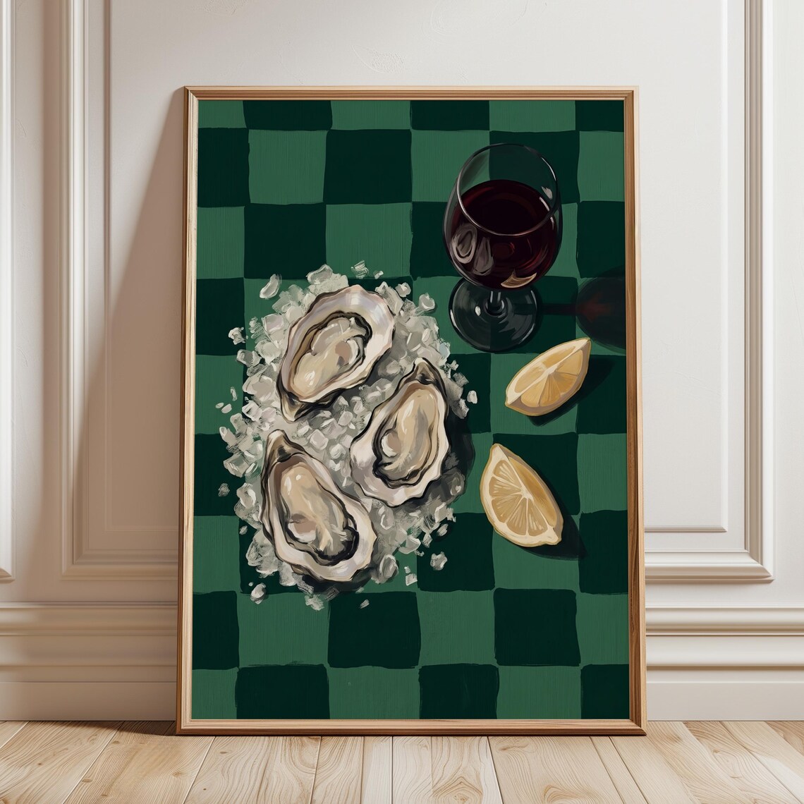 Oysters and Red Wine Green Checkered Moody Still Life Poster