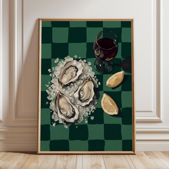 Moody Wine And Oysters Still Life Art Print Green Checkerboard Kitchen Poster Dark Academia Dining Room Decor Retro European Foodie Gift