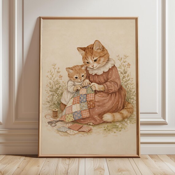 Ginger Cat Mother And Kitten Quilting Patchwork Nursery Print Storybook