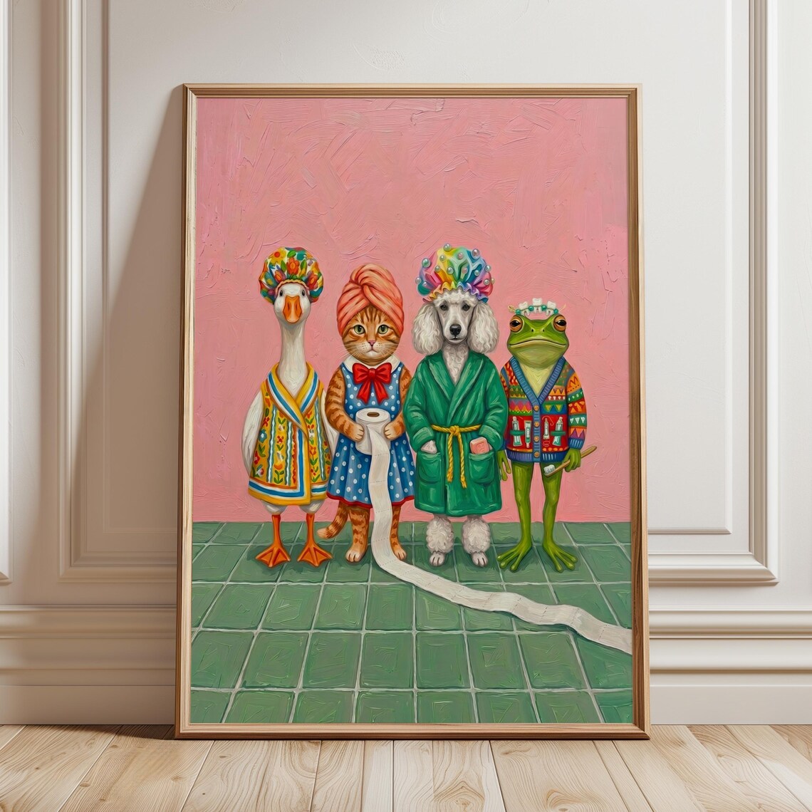 Funny Animals in Bathrobes Bathroom Decor Goose Cat Poodle Frog Poster