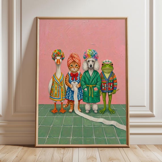 Kitch Animal Wall Art Print Funny Goose Cat Frog Poster Maximalist Quirky Colorful Eclectic Powder Room Bathroom Decor Digital Download