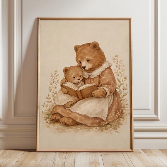 Mother And Cub Reading Poster Cottagecore Storybook Decor Cozy Neutral Baby Room Printable Woodland Bear Nursery Art Digital Download