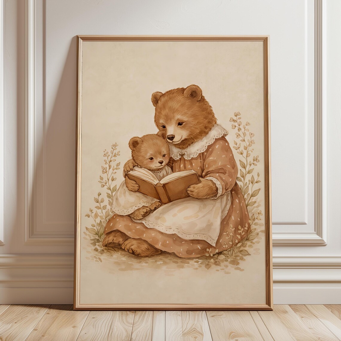 Bear Mother and Cub Reading Storybook Cozy Nursery Art Poster