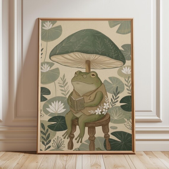 Frog Reading Book Under Mushroom Umbrella Cute Library Nursery Wall Art