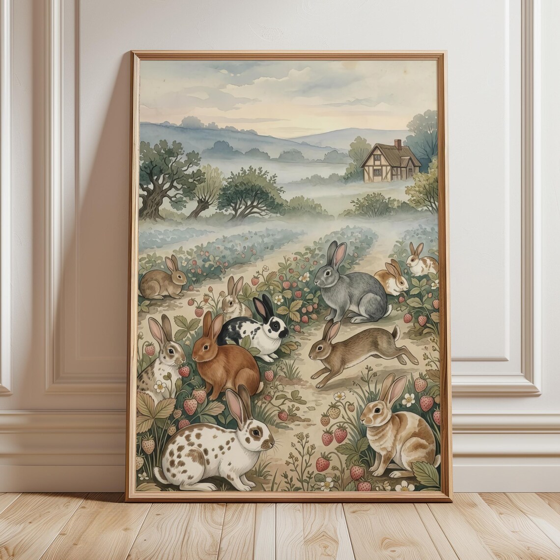 Strawberry Bunny Cottagecore Rabbit Folk Art Nursery Wall Art