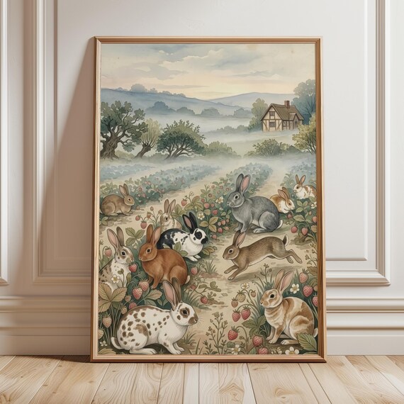 Strawberry Bunny Cottagecore Rabbit Folk Art Nursery Wall Art