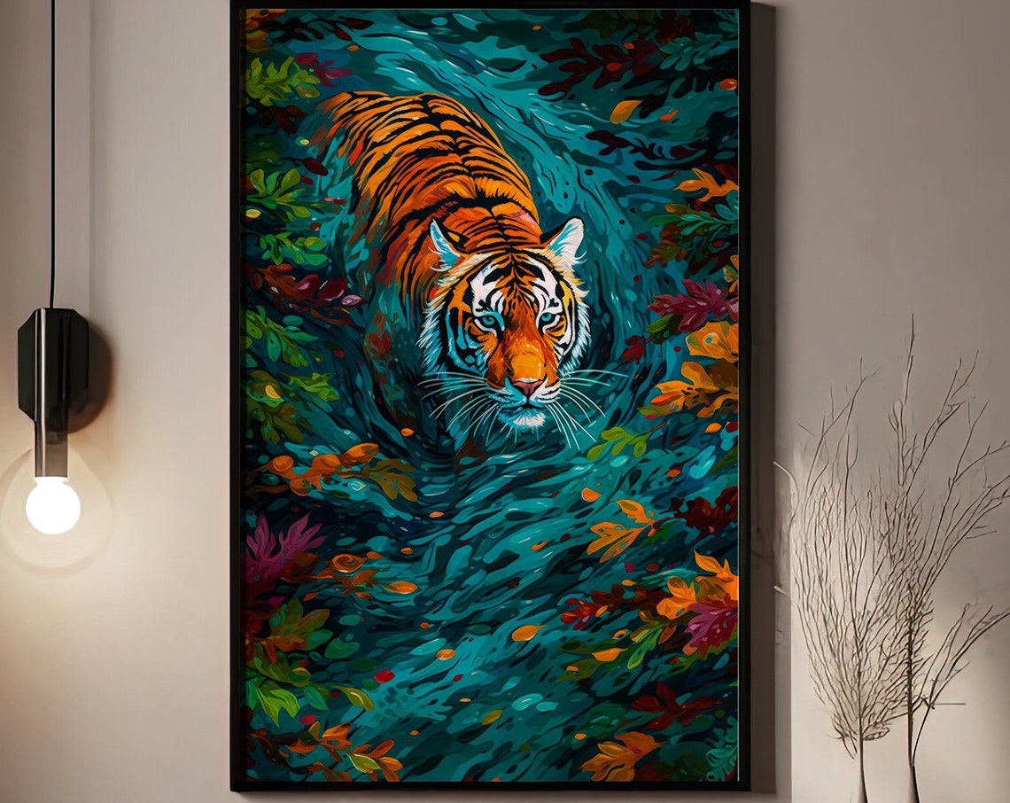 Tiger Prowling Through Colorful Jungle Foliage Painting Poster - Image 2