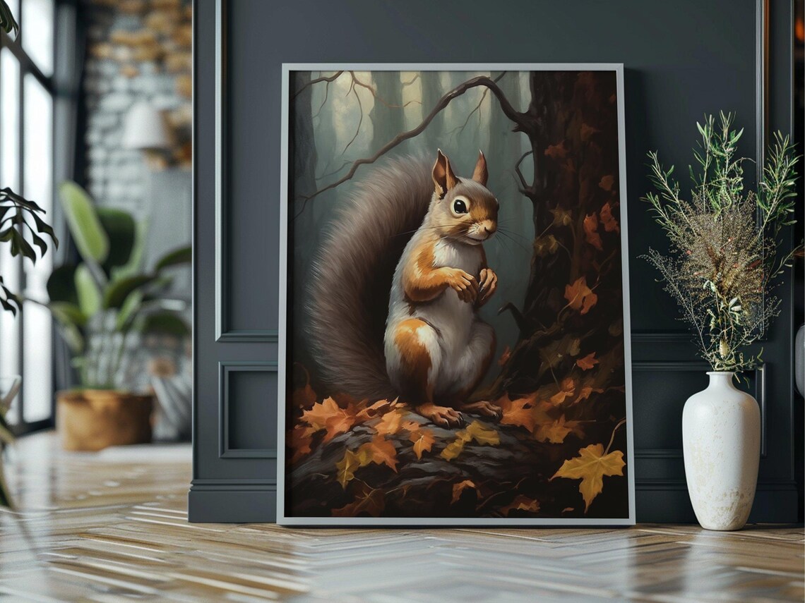 Red Squirrel Autumn Forest Floor Fall Leaves Cute Animal Painting Wall Art - Image 3