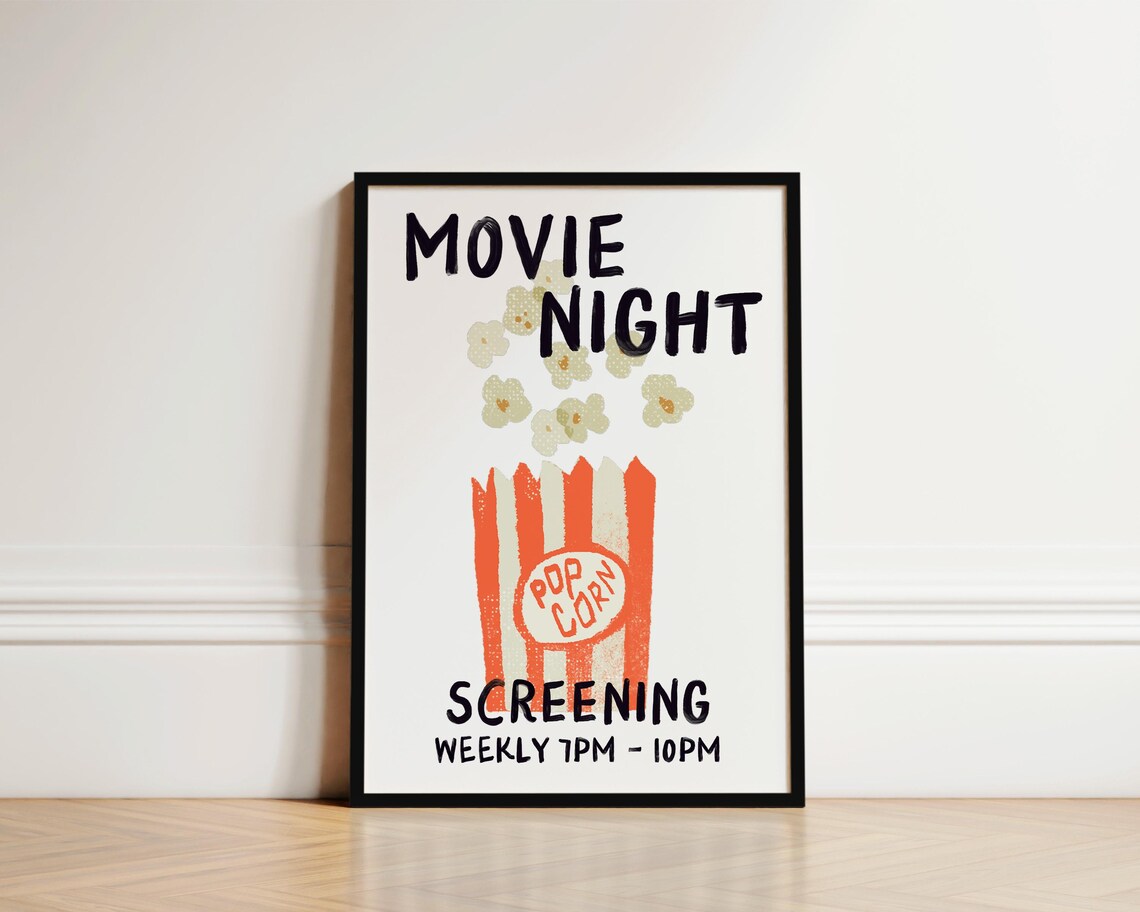 Movie Night Popcorn Poster, Home Cinema Wall Art