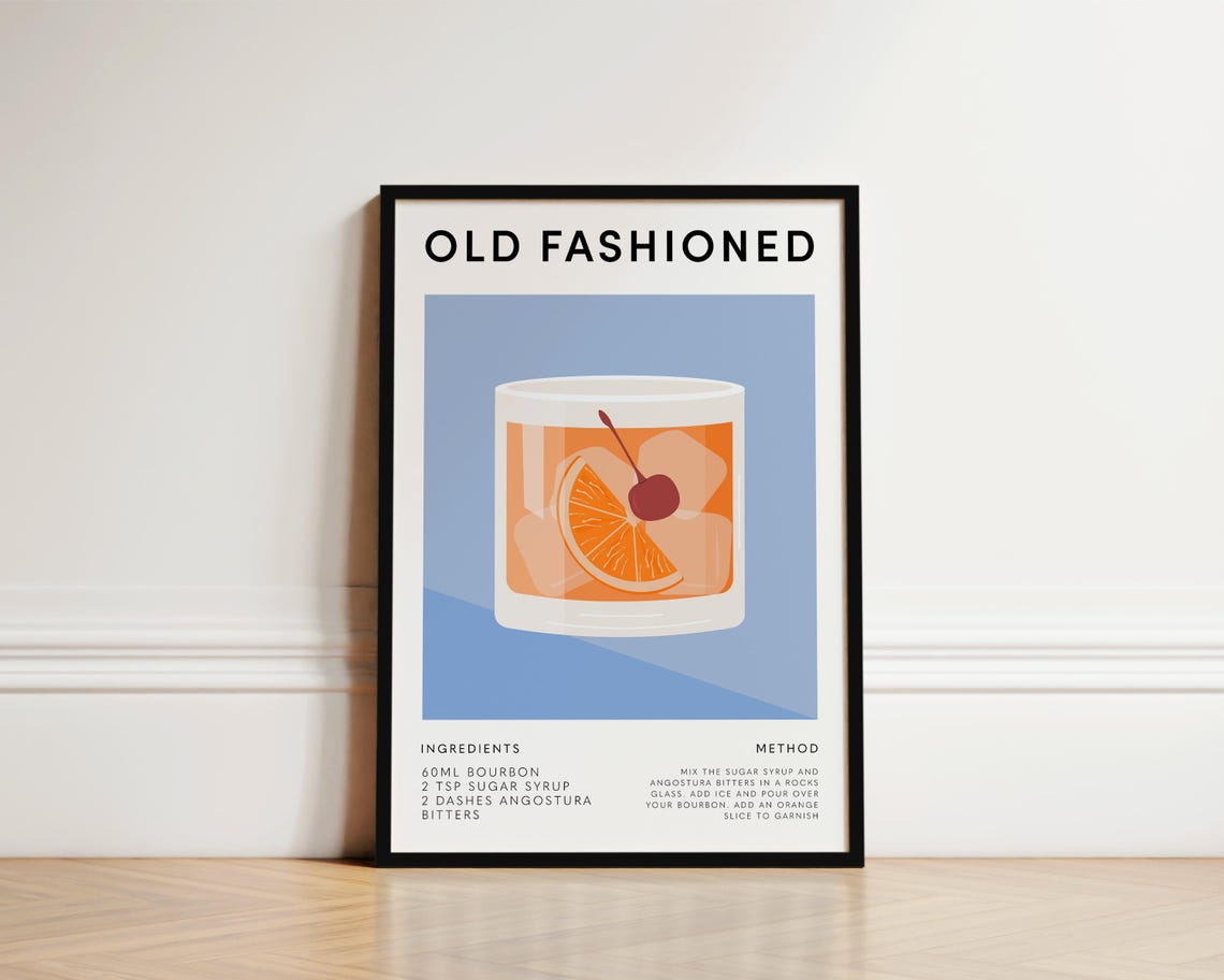 Old Fashioned Cocktail Art Print, Kitchen Bar Decor
