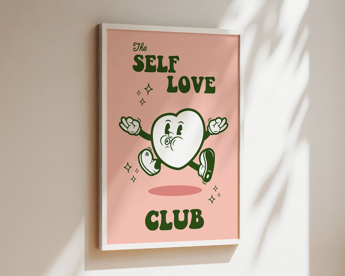 The Self Love Club Retro Cartoon Heart Peach Pink Affirmation Poster - Image 2