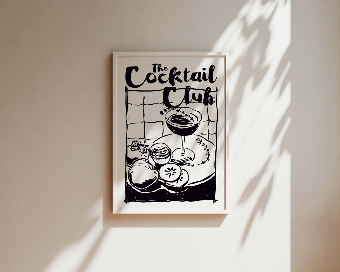 The Cocktail Club Hand Drawn Black and White Bar Sign Poster - Image 2