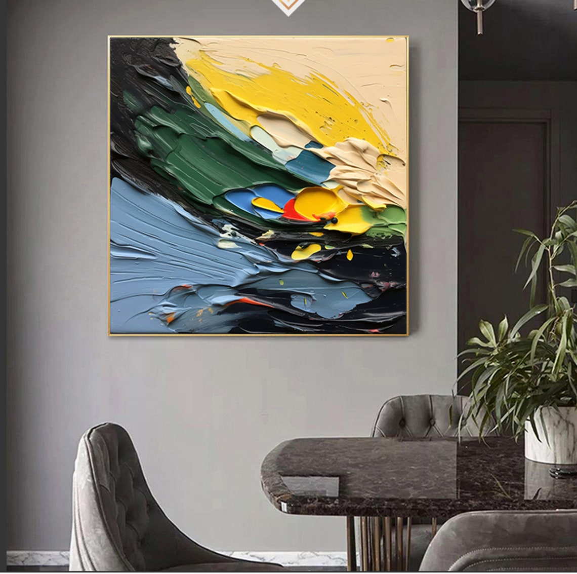 Bold Thick Impasto Abstract Waves In Green Yellow And Navy Poster - Image 5