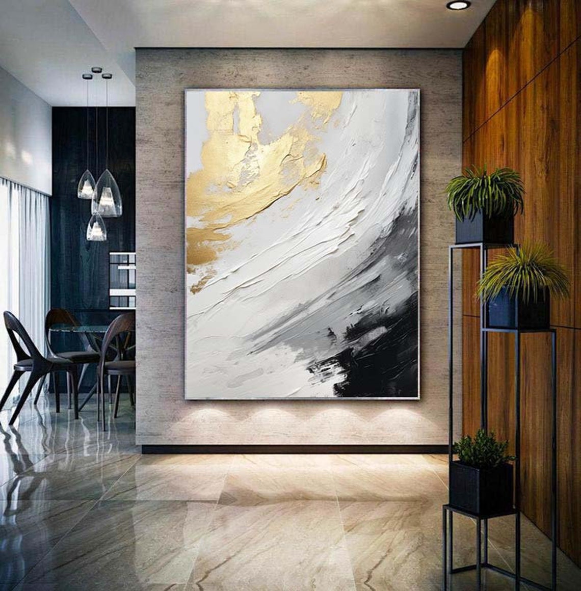 White Gold Grey Sweeping Abstract Impasto Modern Painting Poster - Image 4