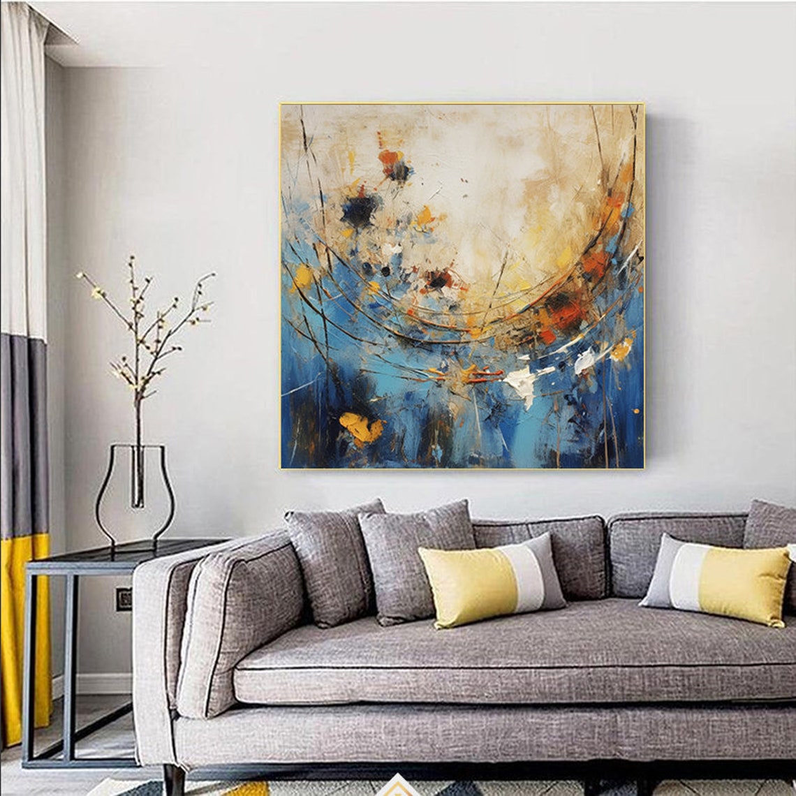 Deep Blue Swirling Abstract With Gold And Orange Accents Poster - Image 2