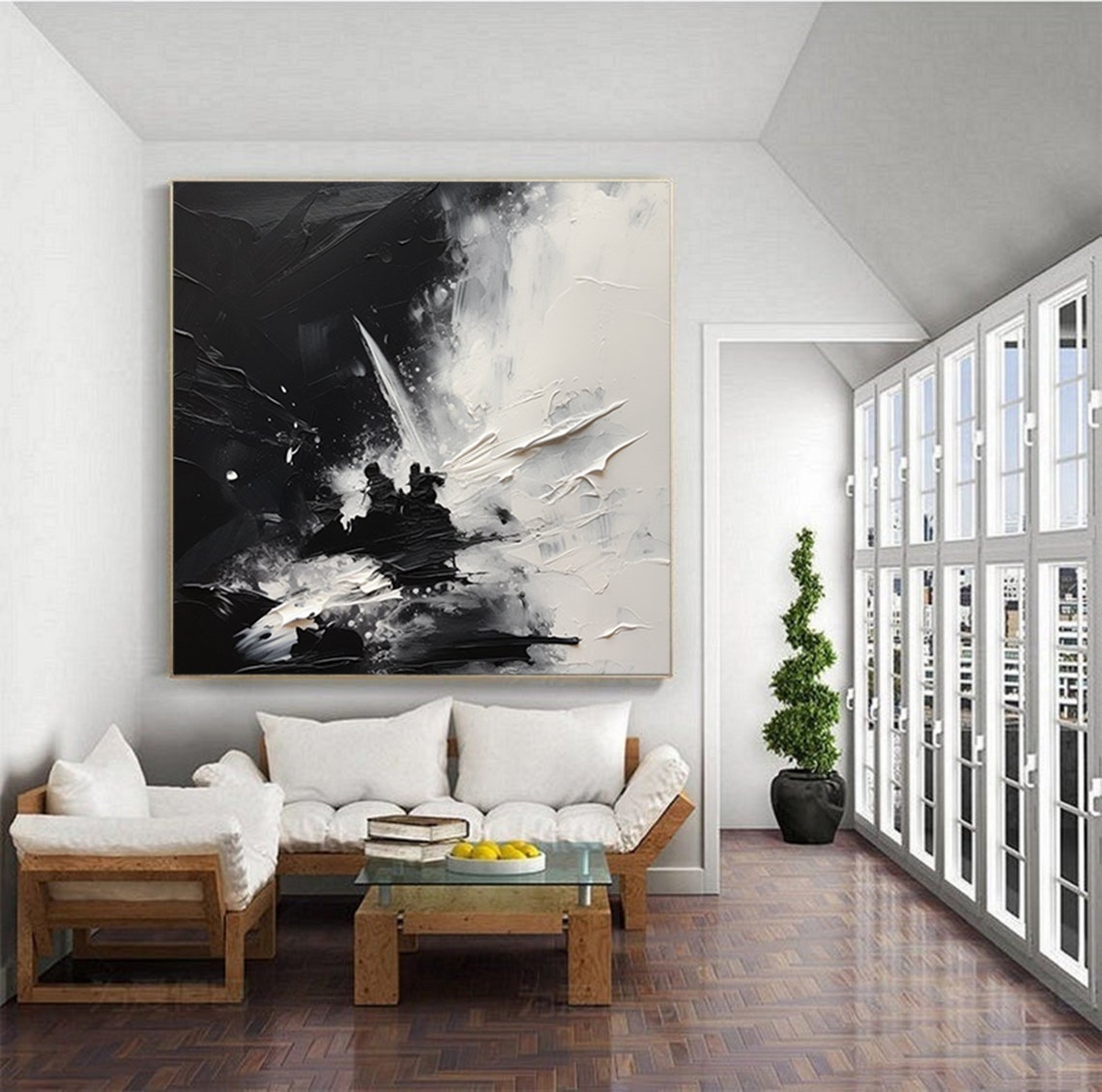 Dramatic Black White Impasto Texture Square Burst Art Poster - Image 5